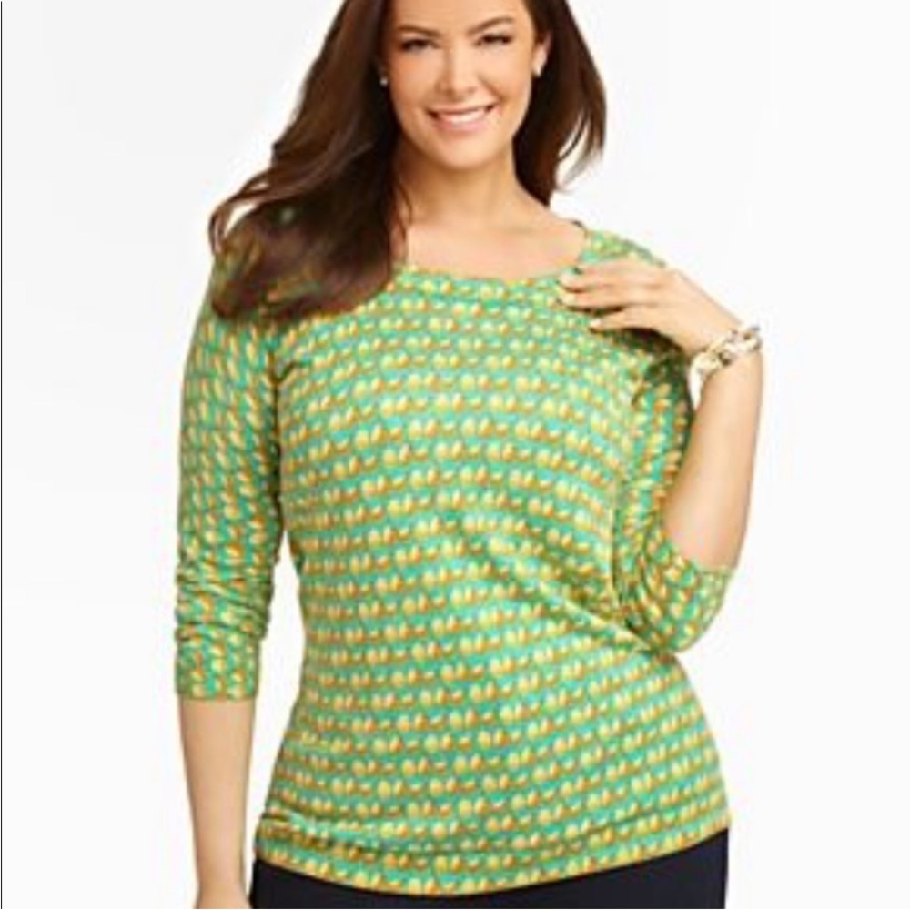 Talbots Sweater Green & Yellow Pear Print w/ Buttons Down the Back Size XL.